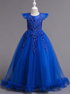 Long A-Line Tulle Jewel Neck Wedding Party Pageant Flower Girl Dresses with Sleeves