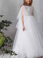 Vestidos de niña de las flores con escote joya, manga corta y tul, corte A largo