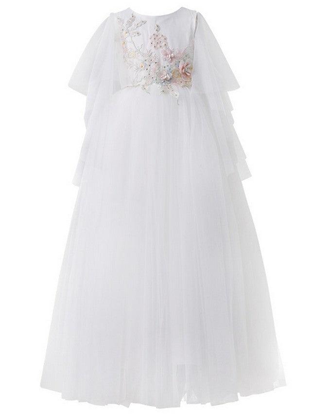 Vestidos de niña de las flores con escote joya, manga corta y tul, corte A largo