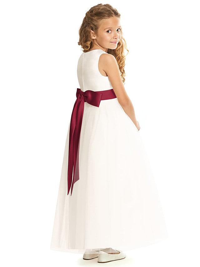 Langes ärmelloses A-Linien-Tüllkleid mit Rundhalsausschnitt für Hochzeitsfeiern und Blumenmädchen