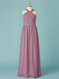 Long A-Line V Neck Chiffon Junior Bridesmaid Dress With Ruffles