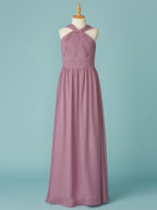 Long A-Line V Neck Chiffon Junior Bridesmaid Dress With Ruffles