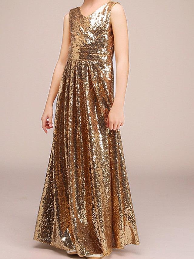 Langes A-Linien-Kleid mit V-Ausschnitt und Pailletten für festliche Anlässe mit Blumenmädchen