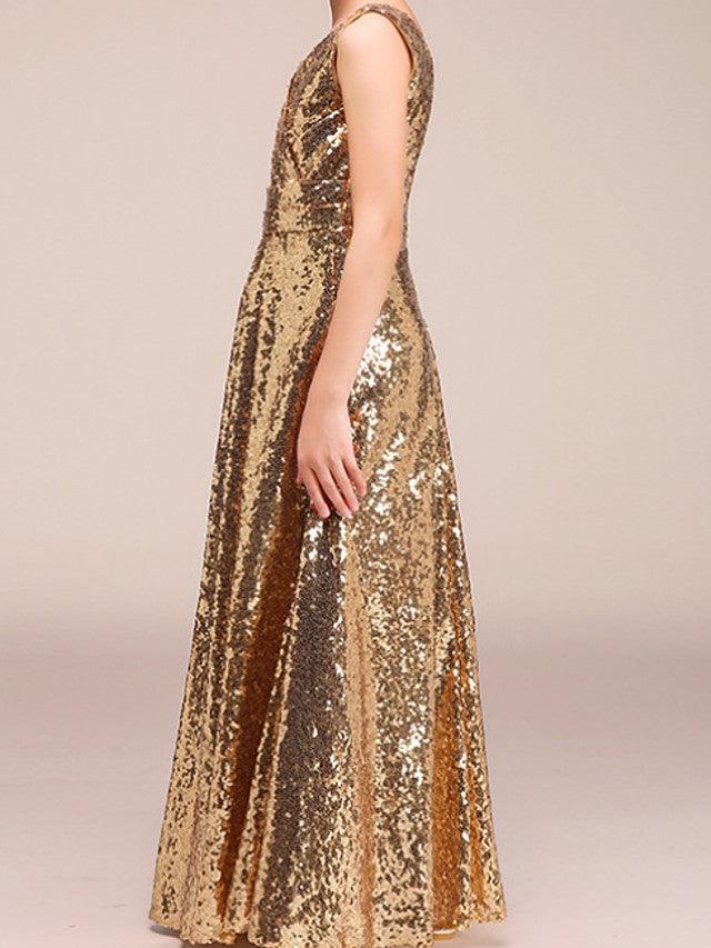 Langes A-Linien-Kleid mit V-Ausschnitt und Pailletten für festliche Anlässe mit Blumenmädchen
