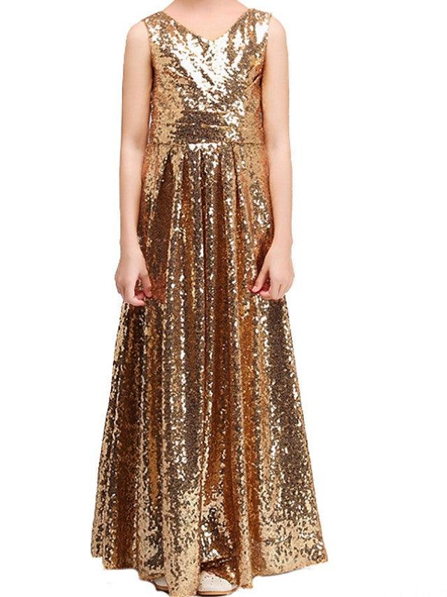 Langes A-Linien-Kleid mit V-Ausschnitt und Pailletten für festliche Anlässe mit Blumenmädchen