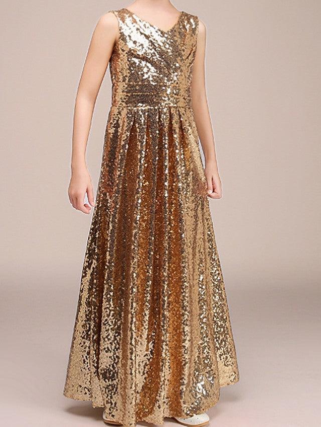 Langes A-Linien-Kleid mit V-Ausschnitt und Pailletten für festliche Anlässe mit Blumenmädchen