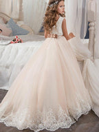Langes Ballkleid aus Chiffon und Tüll mit Rundhalsausschnitt, für Hochzeit, Geburtstag, Festzug, Blumenmädchenkleider