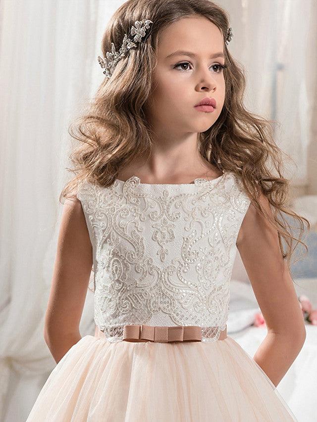 Langes Ballkleid aus Chiffon und Tüll mit Rundhalsausschnitt, für Hochzeit, Geburtstag, Festzug, Blumenmädchenkleider