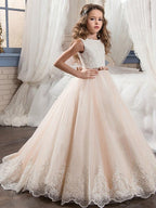 Langes Ballkleid aus Chiffon und Tüll mit Rundhalsausschnitt, für Hochzeit, Geburtstag, Festzug, Blumenmädchenkleider