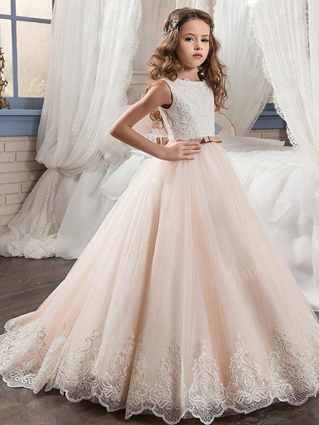 Langes Ballkleid aus Chiffon und Tüll mit Rundhalsausschnitt, für Hochzeit, Geburtstag, Festzug, Blumenmädchenkleider