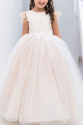 Langes Ballkleid mit Spitzenapplikationen und Tüll für Blumenmädchenkleider
