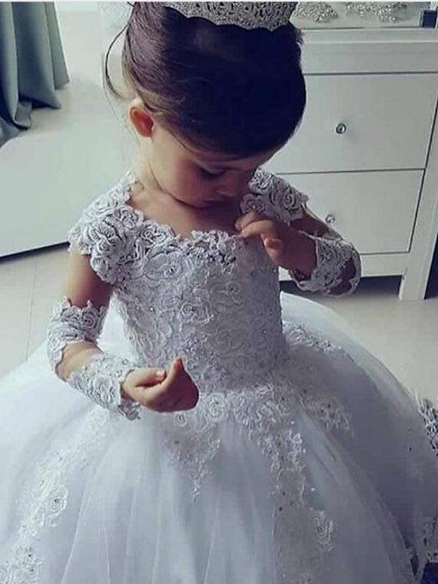 Vestido largo de encaje con escote joya para niña de las flores con mangas