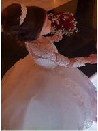 Vestido largo de encaje con escote joya para niña de las flores con mangas