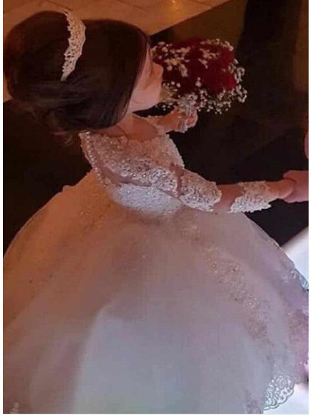 Vestido largo de encaje con escote joya para niña de las flores con mangas