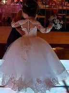 Vestido largo de encaje con escote joya para niña de las flores con mangas