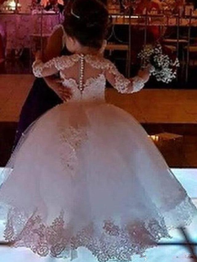 Vestido largo de encaje con escote joya para niña de las flores con mangas