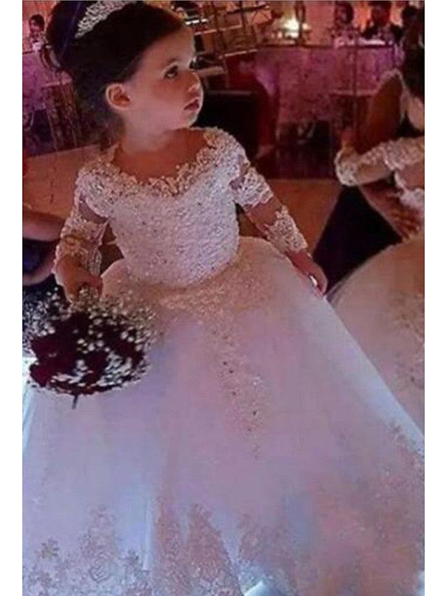 Vestido largo de encaje con escote joya para niña de las flores con mangas
