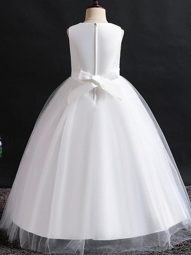 Langes Ballkleid mit Spitze und Tüll, Rundhalsausschnitt, für Hochzeit, Blumenmädchenkleider