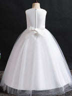 Langes Ballkleid mit Spitze und Tüll, Rundhalsausschnitt, für Hochzeit, Blumenmädchenkleider