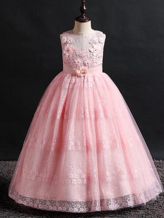 Langes Ballkleid mit Spitze und Tüll, Rundhalsausschnitt, für Hochzeit, Blumenmädchenkleider