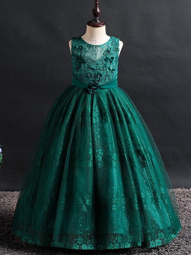 Langes Ballkleid mit Spitze und Tüll, Rundhalsausschnitt, für Hochzeit, Blumenmädchenkleider
