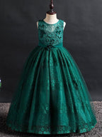Langes Ballkleid mit Spitze und Tüll, Rundhalsausschnitt, für Hochzeit, Blumenmädchenkleider