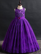 Langes Ballkleid mit Spitze und Tüll, Rundhalsausschnitt, für Hochzeit, Blumenmädchenkleider