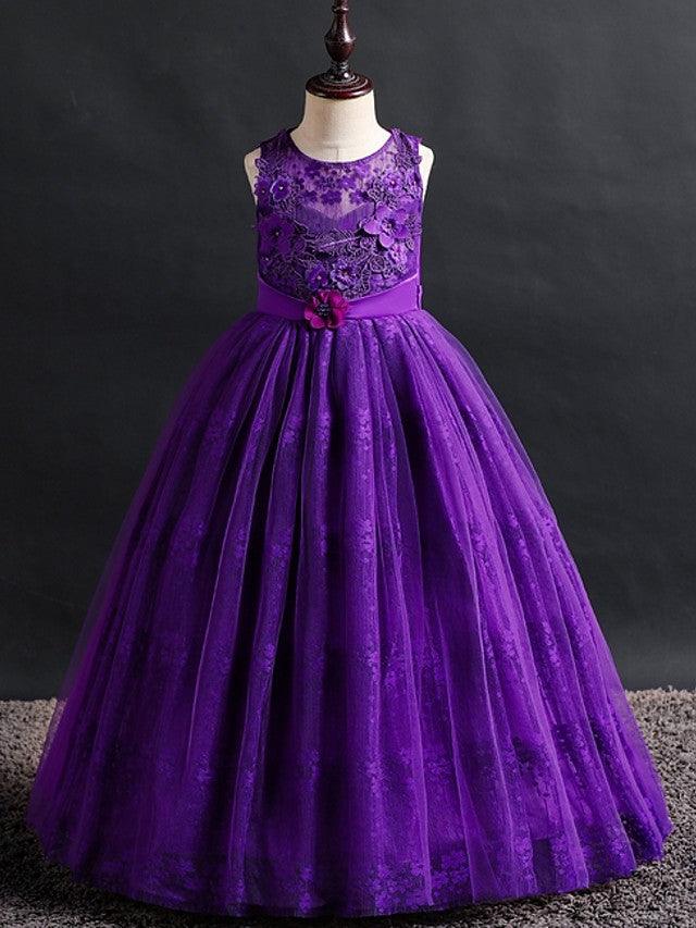 Long Ball Gown Lace Tulle Jewel Neck Wedding Party Flower Girl Dresses