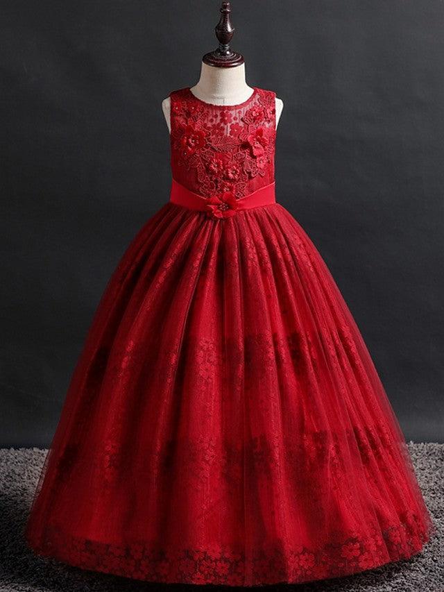 Langes Ballkleid mit Spitze und Tüll, Rundhalsausschnitt, für Hochzeit, Blumenmädchenkleider