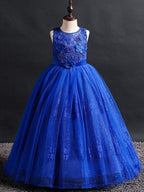 Langes Ballkleid mit Spitze und Tüll, Rundhalsausschnitt, für Hochzeit, Blumenmädchenkleider