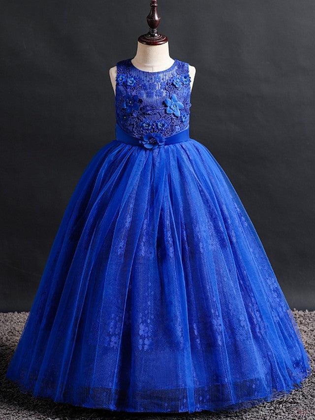 Langes Ballkleid mit Spitze und Tüll, Rundhalsausschnitt, für Hochzeit, Blumenmädchenkleider