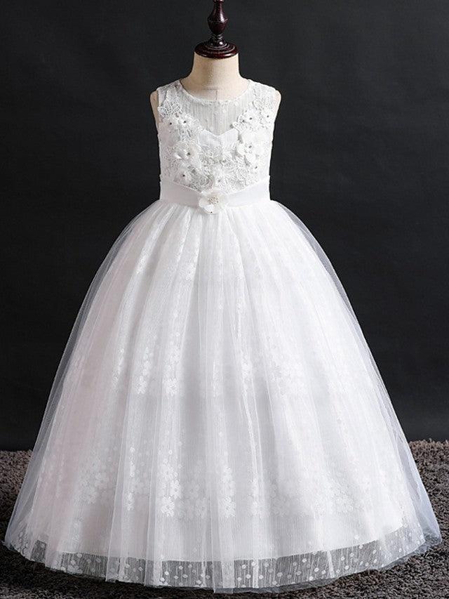 Langes Ballkleid mit Spitze und Tüll, Rundhalsausschnitt, für Hochzeit, Blumenmädchenkleider