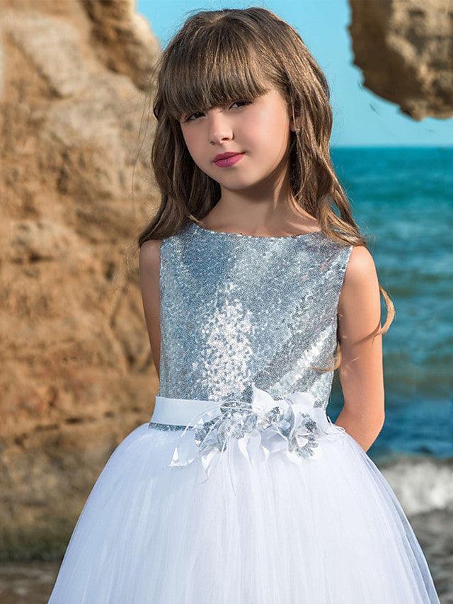 Langes Ballkleid Maxi Tüll U-Boot-Ausschnitt Hochzeit Geburtstag Festzug Blumenmädchenkleider