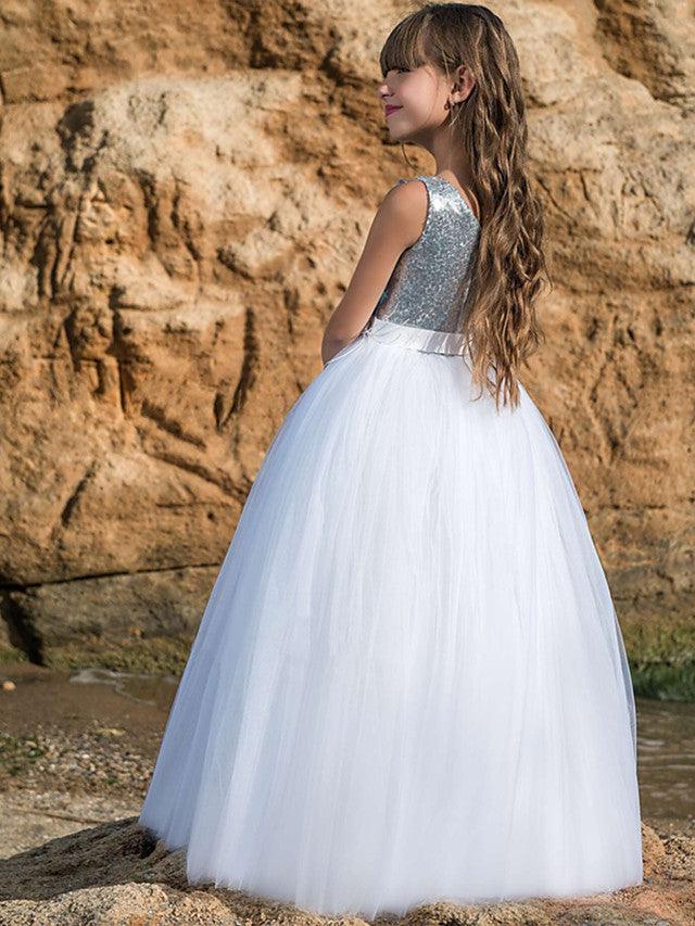 Langes Ballkleid Maxi Tüll U-Boot-Ausschnitt Hochzeit Geburtstag Festzug Blumenmädchenkleider