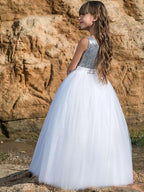 Langes Ballkleid Maxi Tüll U-Boot-Ausschnitt Hochzeit Geburtstag Festzug Blumenmädchenkleider