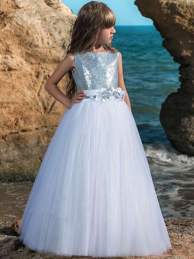 Langes Ballkleid Maxi Tüll U-Boot-Ausschnitt Hochzeit Geburtstag Festzug Blumenmädchenkleider