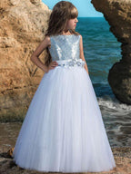 Langes Ballkleid Maxi Tüll U-Boot-Ausschnitt Hochzeit Geburtstag Festzug Blumenmädchenkleider