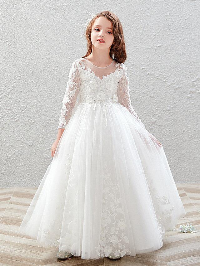 Vestido largo de tul con cuello joya para fiesta de bodas, vestidos de niña de las flores con mangas