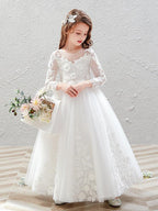 Vestido largo de tul con cuello joya para fiesta de bodas, vestidos de niña de las flores con mangas