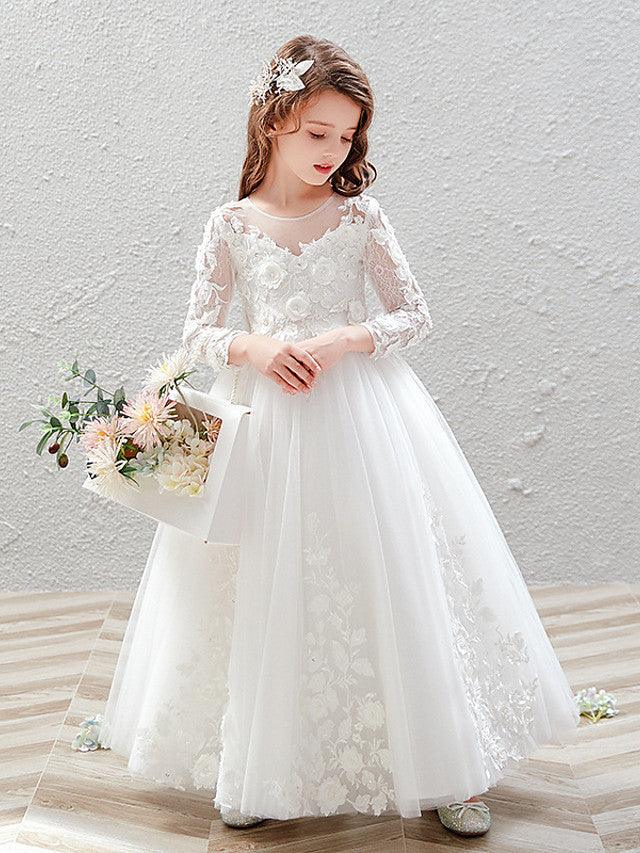 Vestido largo de tul con cuello joya para fiesta de bodas, vestidos de niña de las flores con mangas