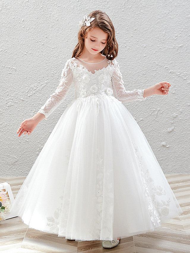 Vestido largo de tul con cuello joya para fiesta de bodas, vestidos de niña de las flores con mangas