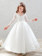 Vestido largo de tul con cuello joya para fiesta de bodas, vestidos de niña de las flores con mangas