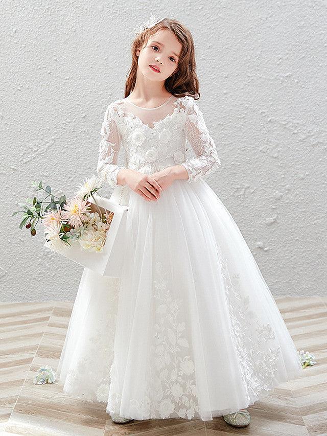 Vestido largo de tul con cuello joya para fiesta de bodas, vestidos de niña de las flores con mangas