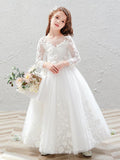 Vestido largo de tul con cuello joya para fiesta de bodas, vestidos de niña de las flores con mangas