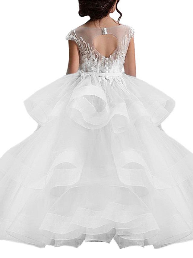 Langes Ballkleid aus Tüll und Spitze für Blumenmädchenkleider mit Ärmeln