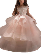 Langes Ballkleid aus Tüll und Spitze für Blumenmädchenkleider mit Ärmeln