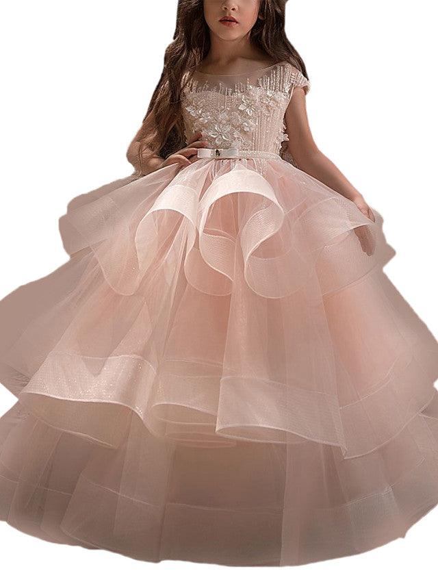 Langes Ballkleid aus Tüll und Spitze für Blumenmädchenkleider mit Ärmeln