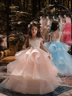 Langes Ballkleid aus Tüll und Spitze für Blumenmädchenkleider mit Ärmeln