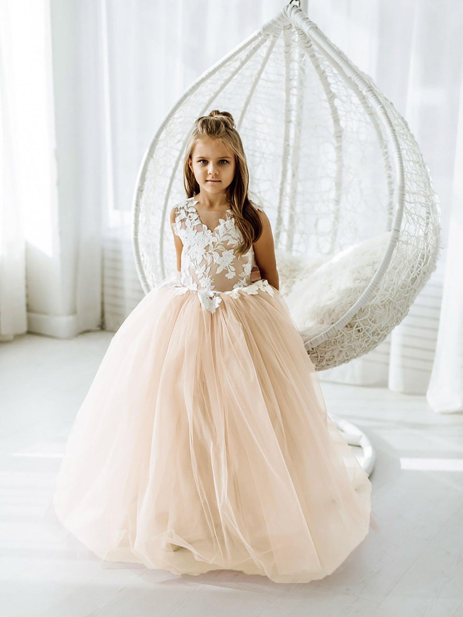 Langes Ballkleid aus Tüllspitze, ärmellos, Blumenmädchenkleid mit Schleife
