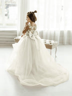 Langes Ballkleid aus Tüllspitze, ärmellos, Blumenmädchenkleid mit Schleife